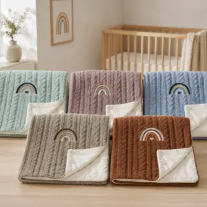Copertina treccia Rainbow con jacquard a trama treccia e morbida fodera in bamboo. Made in Italy, ideale per carrozzina e lettino.