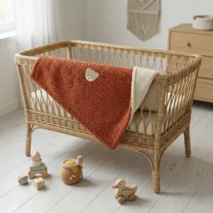 Coperta fluffy foderata colore Terracotta con ricamo orsetto e interno sherpa bianco naturale