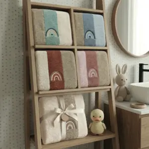 Asciugamani neonato cotone Rainbow in spugna 100% cotone con ricamo arcobaleno varianti colore